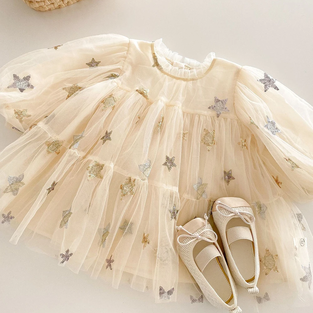 0-5 Jahre Koreanisches Mädchenkleid, Modisches Pailletten-Sternen-Mesh-Kleid mit Laternenärmeln für Kinder, Prinzessinnenkleid 2026, Herbst-Kinderkleidung – Detail 9