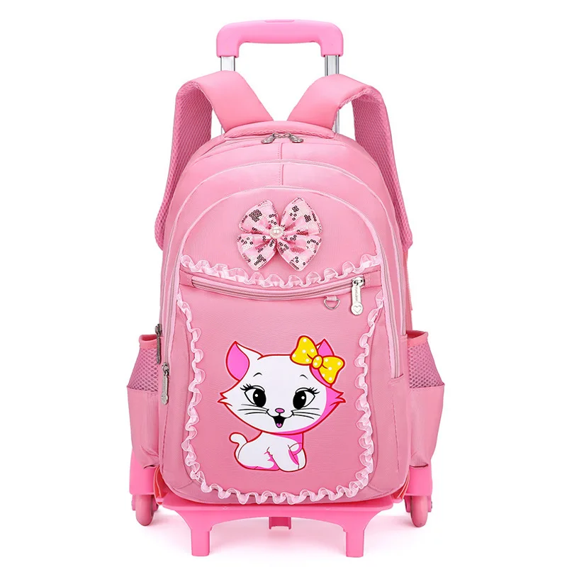 Cute Cat Children School Backpack with 6 Wheels Rolling School Bag Trolley Bag Climbing stairs Students Backpack For Girls