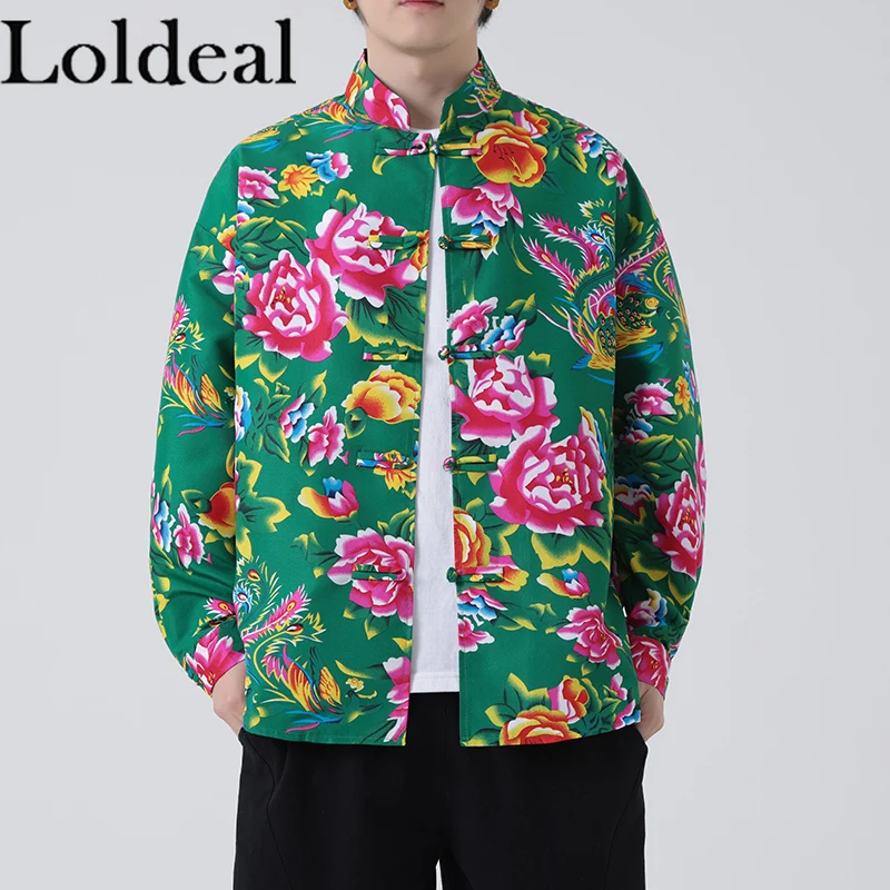 

Loldeal Men's Handmade Button-up Tang Suit Northeast Large Flower Shirt