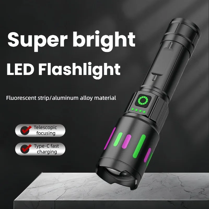 Superbright White Light LED Flashlight Zoom Type-C Charging Electric Display Waterproof Fluorescence Torch Outdoor Hiking Patrol