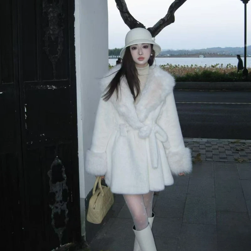 Golden Mink Faux Mink V-neck Waist Warm Medium-length Outerwear 2026 Winter New Fashionable Solid-color Leopard Print Fur Jacket