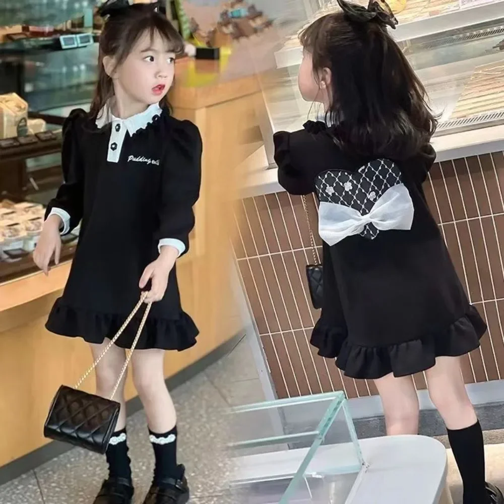 

2025 Spring and Autumn Black Princess Dress with Love Bow Decoration Beautiful Girl Dresses Children's Fashion Clothing