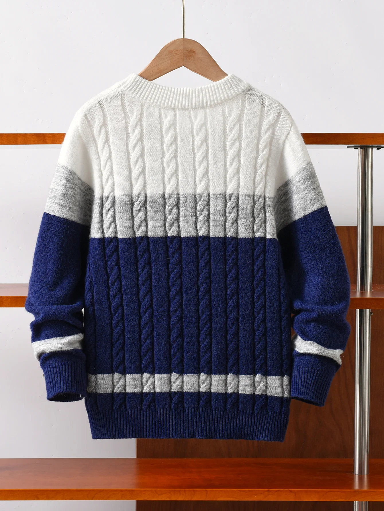 Boys' College Style Fried Dough Twists Color Blocking Striped Sweater Knitted Pullover Suitable for School Daily Spring Autumn W