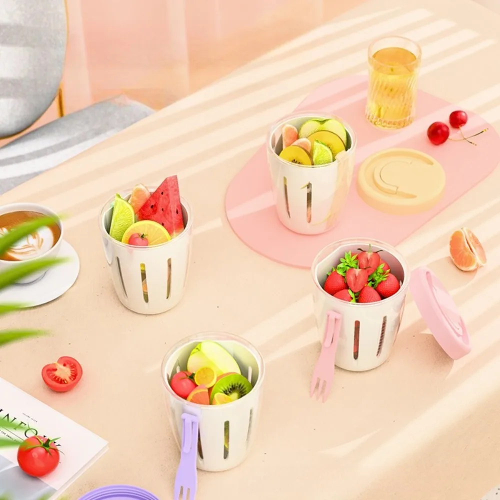Picture 6: Cylindrical Plastic Salad Container with Fork Multifunctional Portable Fruit Cup Built In Drainage for Lunch Snack Meal Prep