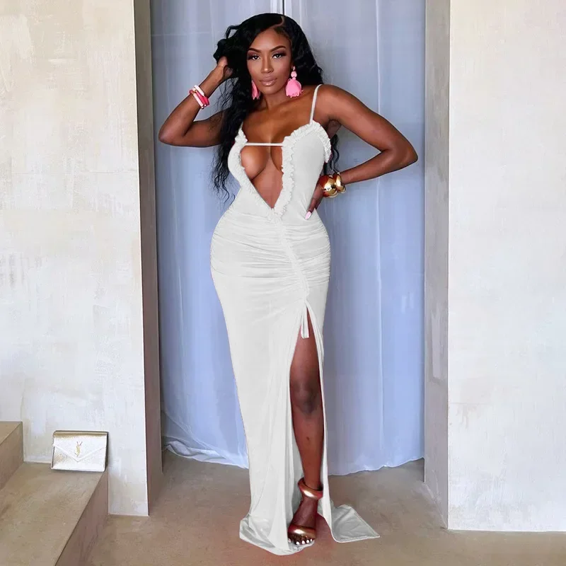 Sexy Frauen Mesh Low-Cut Maxi kleid ärmellose unregelmäßige Ausschnitt Perspektive langes Kleid hoch geschlitzte Rüschen Plissee Kordel zug Kleid