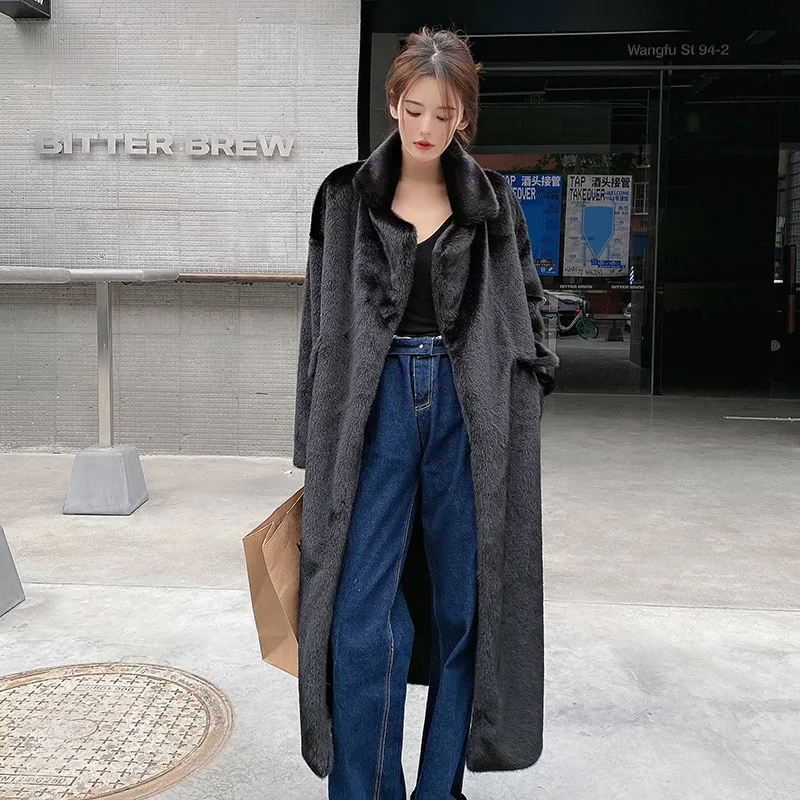 Faux Mink Fur Coats Women Long Fur Jackets Solid Lapel Collar Long Sleeves Open Stitch Thick Loose Fit Casual 2025 Autumn Winter