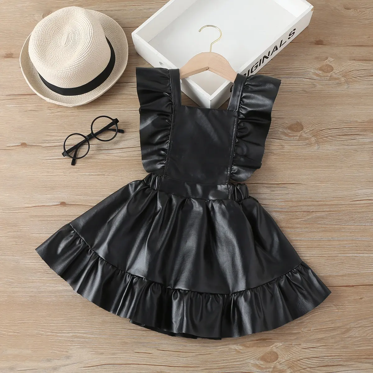 Spring PU Leather Clothes Ruffle Sleeveless Toddler Vest Dress For Kids Girl