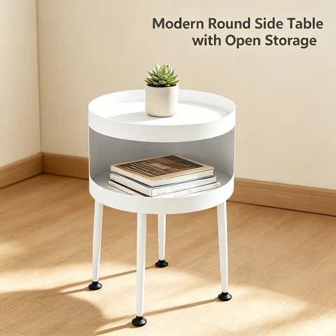 Modern Side Table with Open Storage, Round Industrial End Table 21.6" Tall, Sturdy Iron Frame with 3mm Thickness & 44 lbs Capacity for Living Room Bedroom Balcony, White