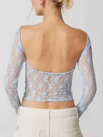 Fairycore Top corto da donna in pizzo con design senza schienale e vestibilità estiva in jacquard a maniche lunghe trasparente