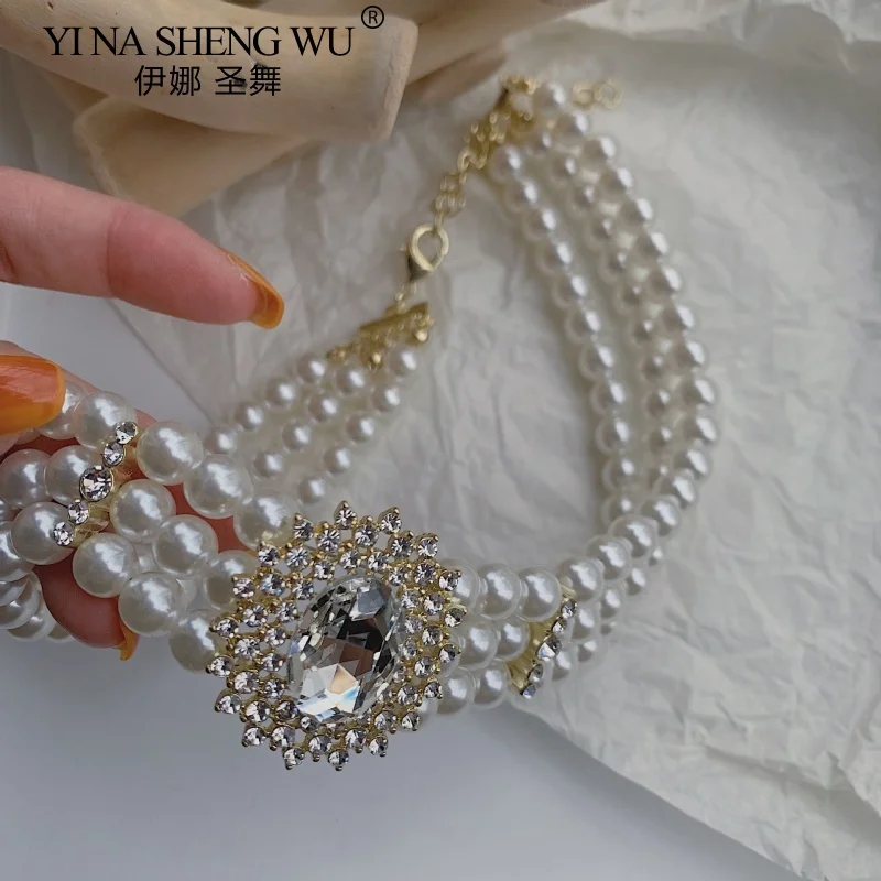 Multilayered Pearl Diamond Necklace for Women Exaggerated Short Atmospheric Elegant Jewelry Necklace Wedding Birthday Party Gift