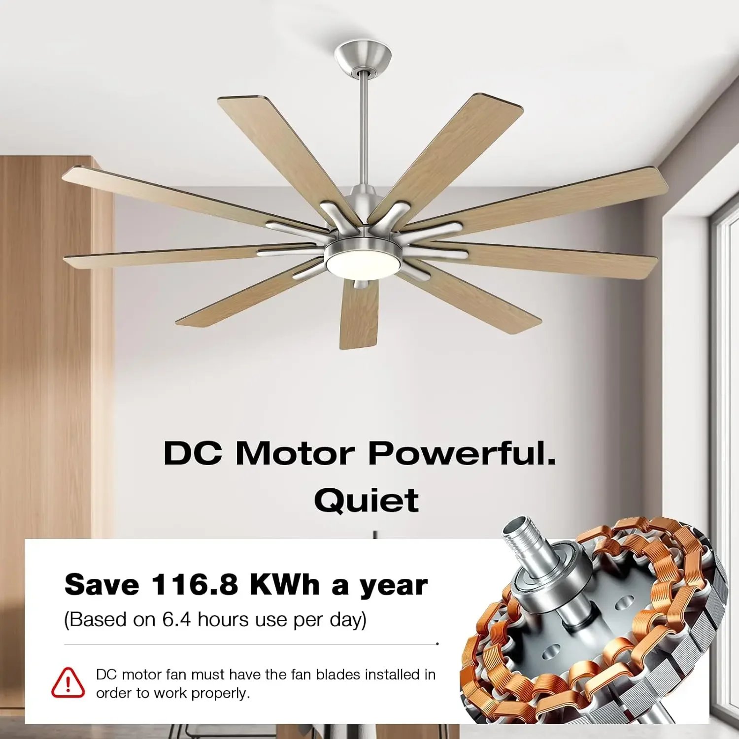 Ceiling Fan with Lights Remote Control, 62-Inch, Silent DC Motor, 6 Speed, Dimmable LED Light, Nickel, 9-Blades