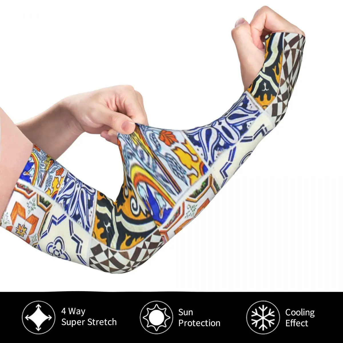 Colorful Portuguese Tile Outdoor Arm Sleeves Sun UV Protection Cover Summer Ice Silk Cycling Tattoo Sleeves