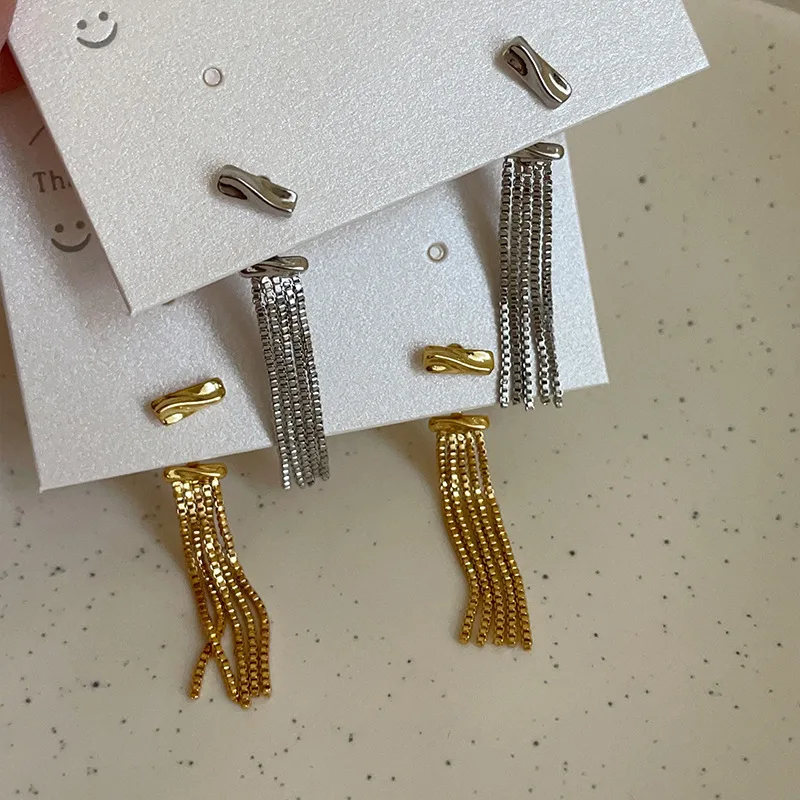 Tassel Stud Earrings Front Back Dangle Chain Minimalist Individual Stylish Silver Tone Alloy Versatile Daily Jewelry Women