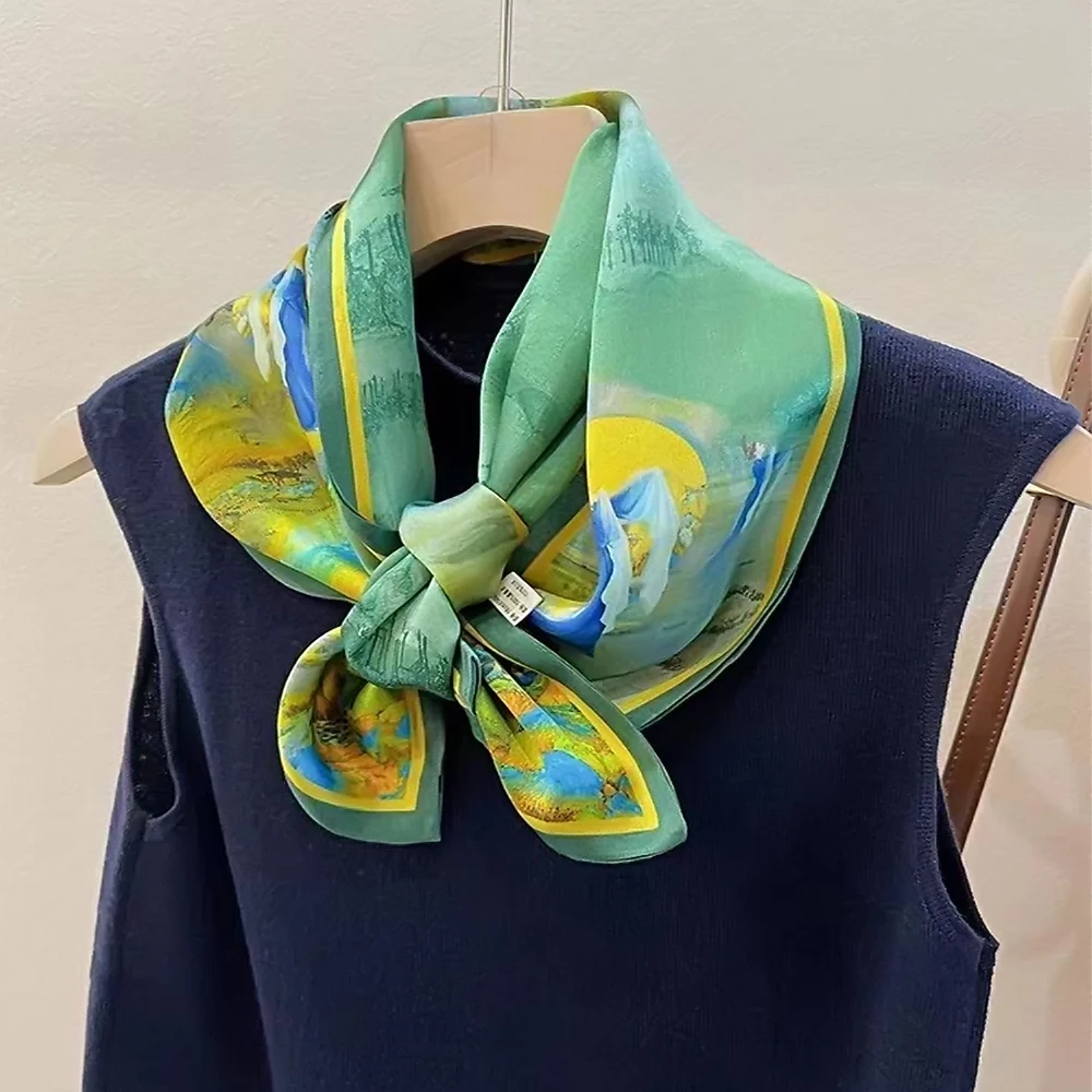 New Green Long 100% Silk Scarf Hairband Spring Fall Fashion Chinese Style Pattern Pure Silk Ribbons Scarves Floulard Printed