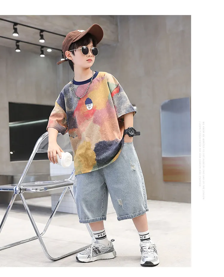 Sommer Tie-Dye Coole Kinder Jungen Freizeit-Oberteile Bedrucktes Trendiges Kinder-T-Shirt Kurzarm Teenager-T-Shirts Baumwoll-T-Shirt 4-14 Jahre Alt – Detail 13