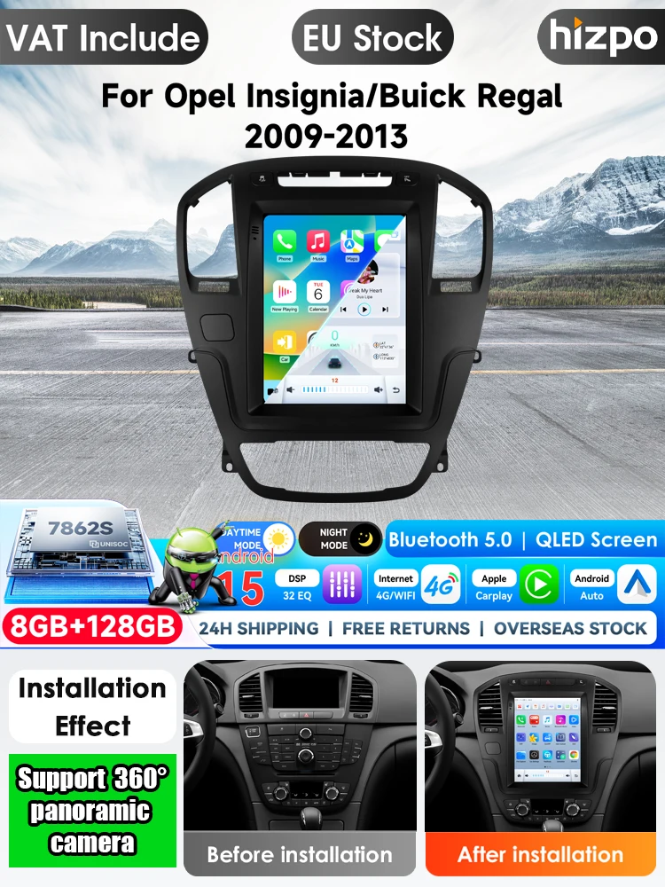 Hizpo 9,7-calowe radio samochodowe z systemem Android i funkcją Carplay, 2DIN, przeznaczone do modeli Opel Insignia i Buick Regal z lat 2009–2013. Multimedialny odtwarzacz, system audio, 2DIN, radio — 2
