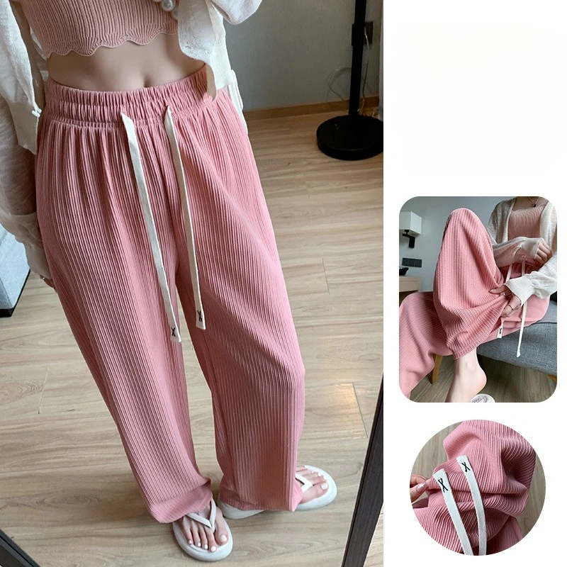 Damen-Hose mit weitem Bein, Frühling, hohe Taille, lockere lässige gerade Hose, volle Länge, Kordelzug, einfarbig, Schwarz, Rosa, Hose für Damen