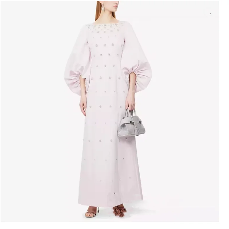 

Light Pink Evening Dress Customized Puff Sleeves Square Neck Rhinestones Beading A Line Arabian Prom Party Gown with Cape