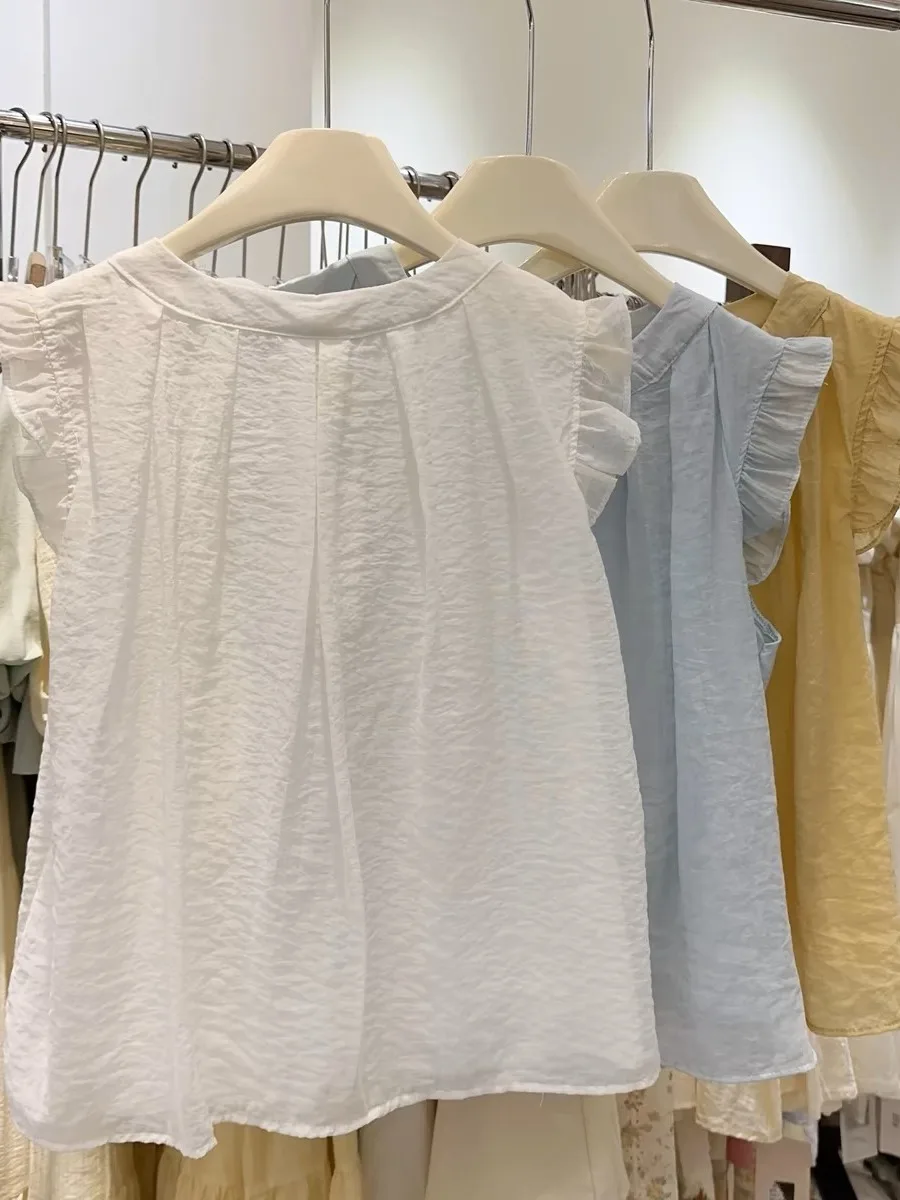 Nowa, jednolita, bawełniana lniana bluzka damska na lato, artystyczna, słodka, odmładzająca, w stylu lalki, luźny krój, casualowa, z okrągłym dekoltem.