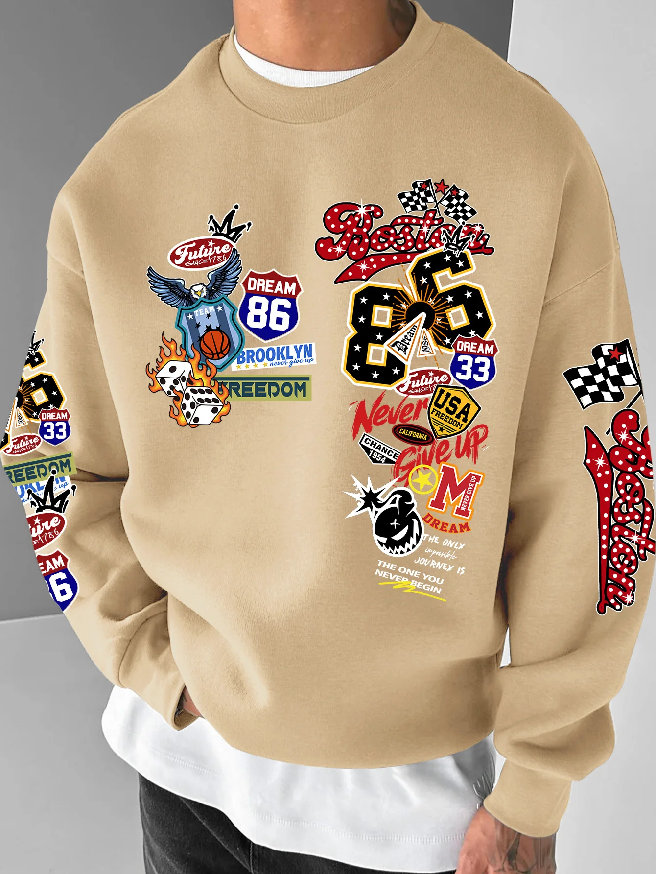 Modisches Sweatshirt für Damen und Herren, Boston-Graffiti-Collage-Print, amerikanischer Retro-Racing-Street-Style, Oversized, S-XXL – Detail 2