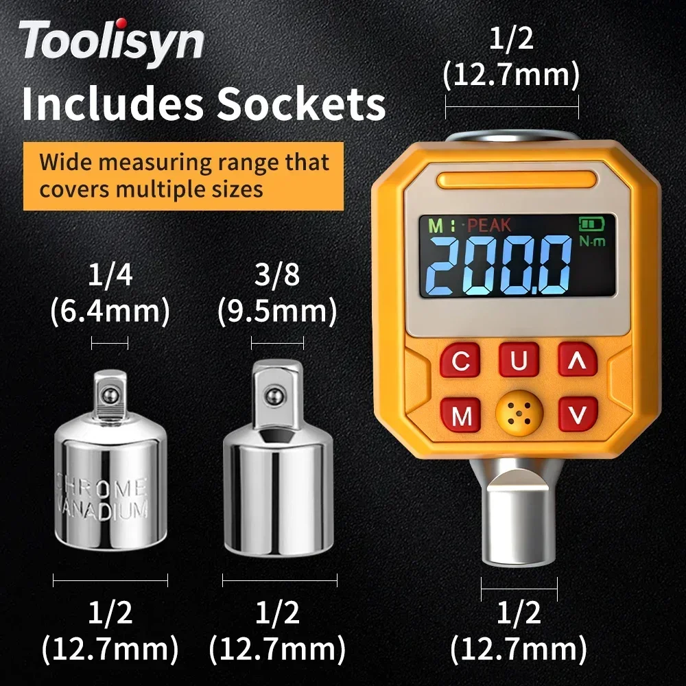 

1/2" Digital Torque Adapter 1.5-340Nm, ±2% Accuracy, w/ 3/8" & 1/4" Adapters, Color LCD for Calibration & Automotive Repair