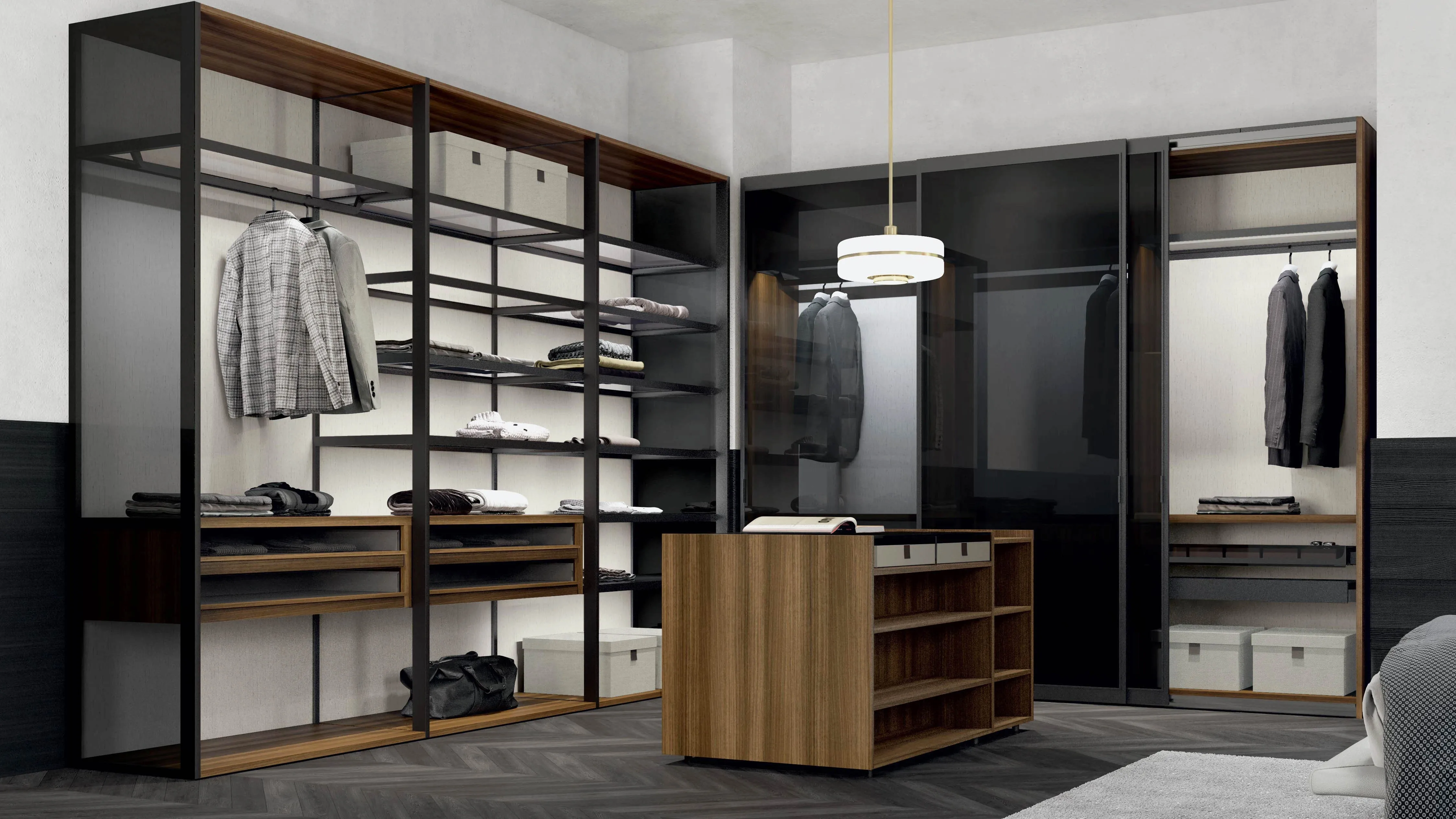 Open Cloakroom Walk in Closet Furniture Aluminum Bedroom Furniture Furniture Metal, Wooden and Glass Home