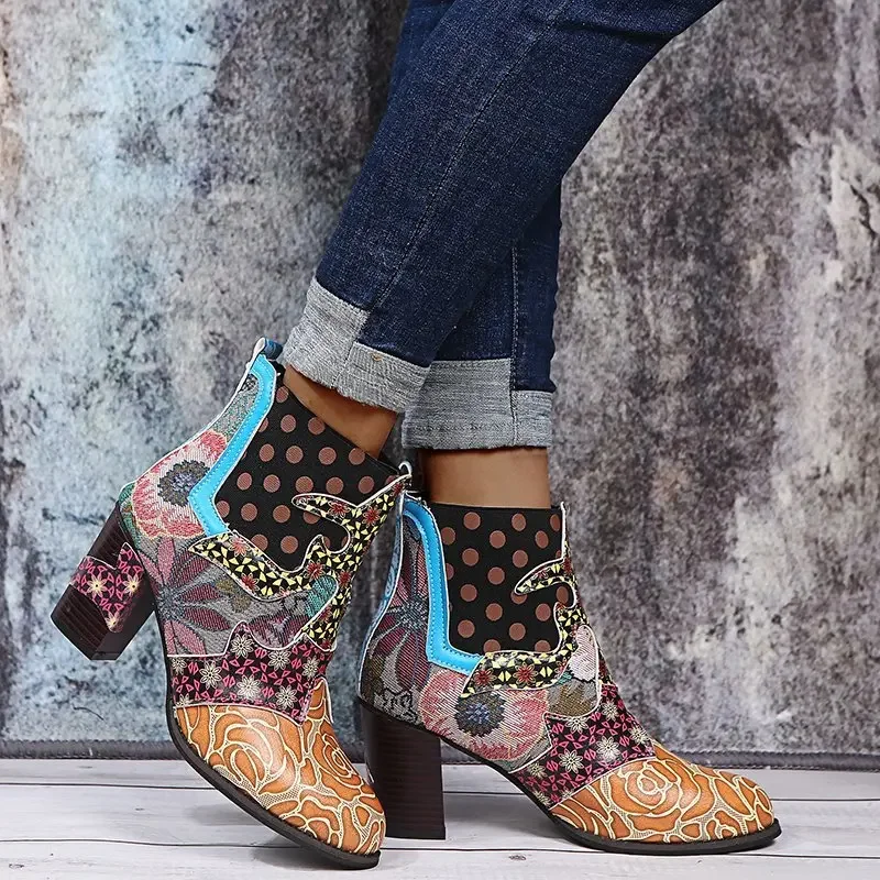 2024 new ankle boots women autumn PU women\'s shoes ethnic style waterproof casual retro shoes zipper high heel short boots