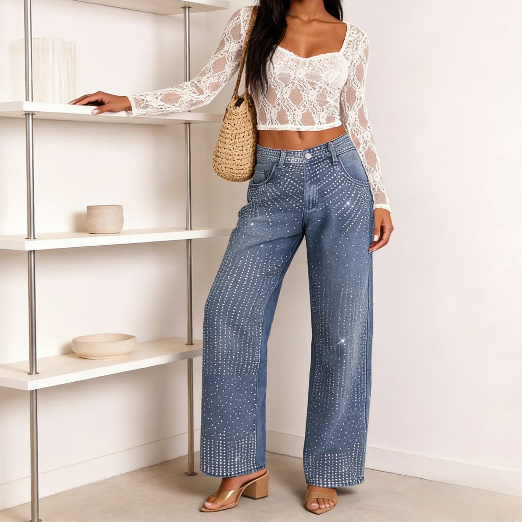

Women Denim Pant Jeans Vintage Capris Wide Leg Long Pants Mid Waist Trousers Y2k Streetwear Elegant Work Casual Hot Drilling