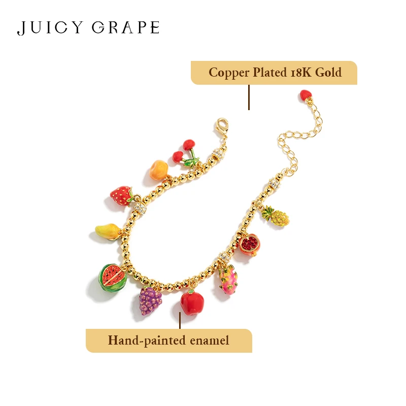 Juicy Grape Enamel Fruit Bracelet Strawberry/ Pineapple /Watermelon/Apple/Grape/ Orange Bracelet Plated with18K Real Gold Gifts