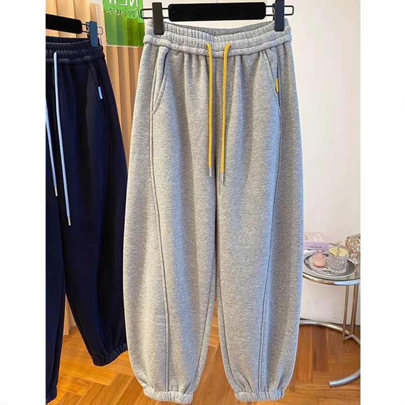 

Осень-зима, плюшевые брюки с высокой талией на подкладке, женские повседневные спортивные стильные брюки-харли, утолщенные свободные повседневные термобрюки на шнурке