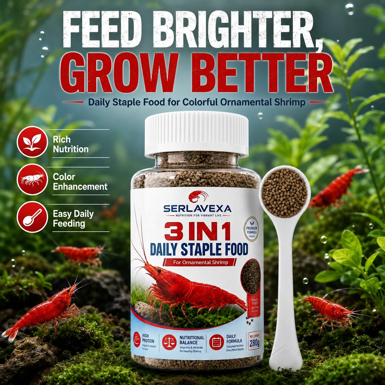 SERLAVEXA 280g Shrimp Food Pellets 3 in 1 Balanced Daily Nutrition Feed for Cherry Crystal Amano Ornamental Aquarium Shrimp
