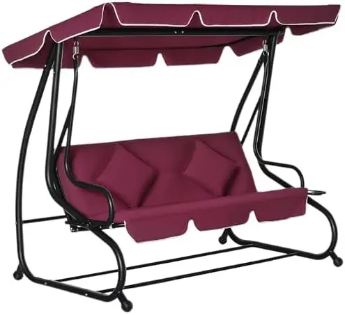 3-Seat Outdoor Patio Swing Chair, Converting Flatbed, Outdoor Swing Glider with Adjustable Canopy, Removable Cushion