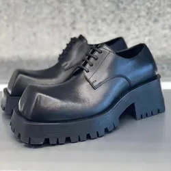 Square Toe Men Black Shoes Lace Up Men Leather Business Shoes Thick Sole Mens Wedding Party Shoes