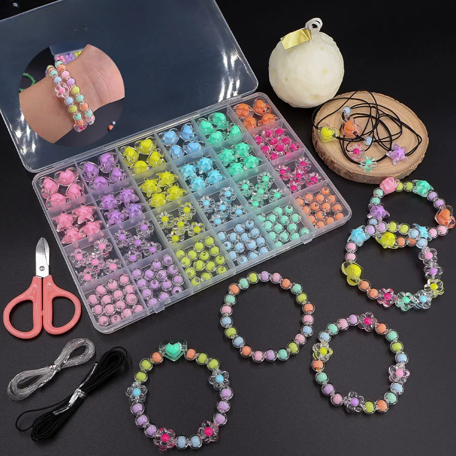1 Box Cute Acrylic Beads Bracelet Making Kit Heart Star Flower Style Round Spacer Loose Beads for Jewelry Making Diy Acceseories