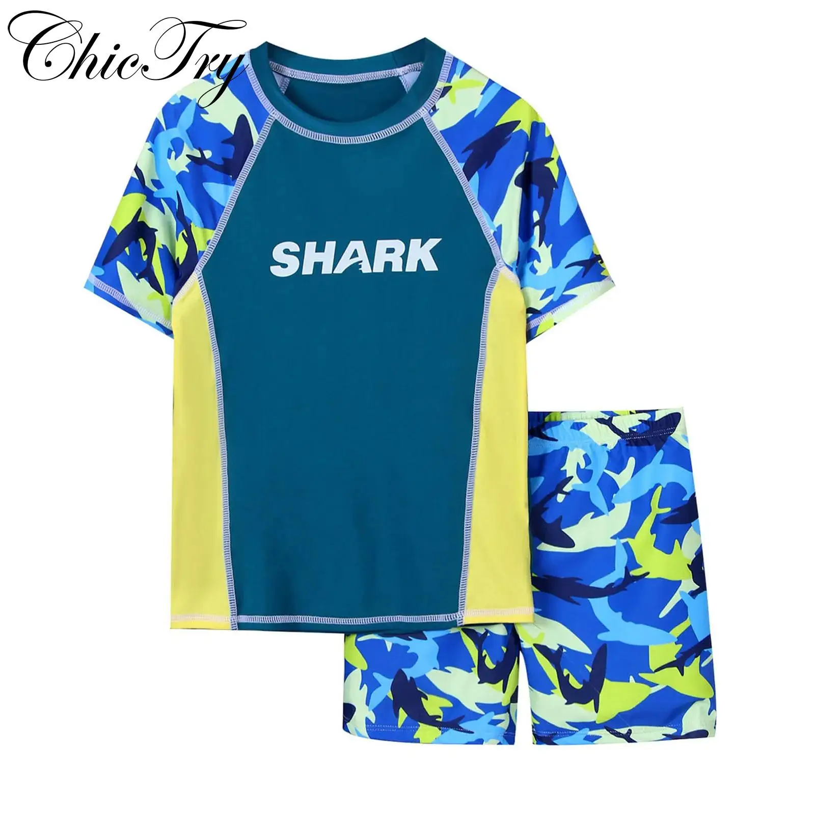

Kids Boys 2 Pcs Swimsuit Shark Printed Rashguard Set Swimwear Beachwear Outfits Short Sleeve Top with Elastic Waistband Shorts