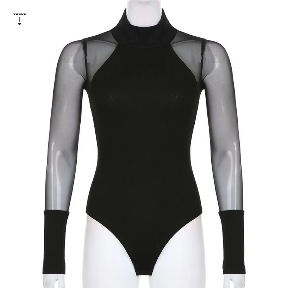 INS-Jumpsuit mit hohem Kragen und langen Ärmeln, schmale Passform, schlichtes Spitzen-Unterhemd, All-Match-Overall mit durchsichtigen Shorts für Get-Togethers