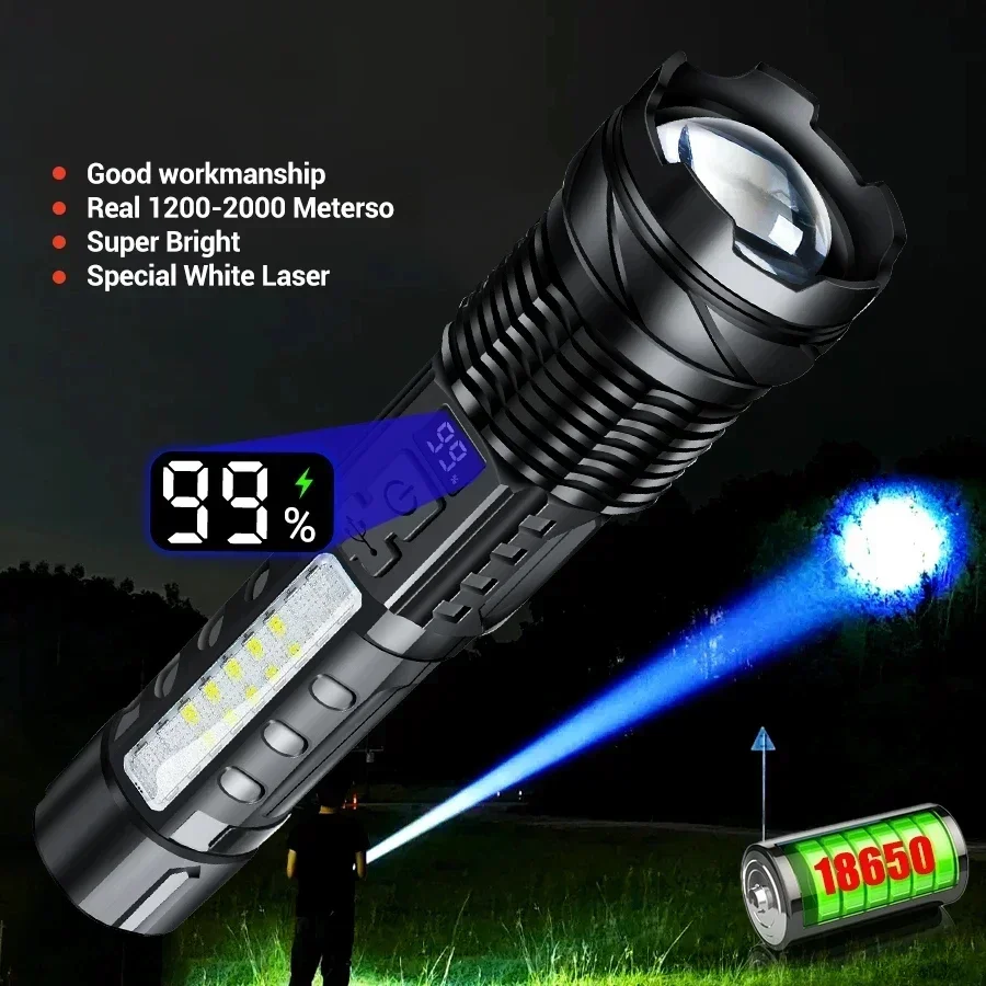 Potente torcia a LED XHP50 torcia impermeabile 18650 con luce laterale 7 modalità lanterna da pesca da campeggio lampada Zoom ricaricabile USB