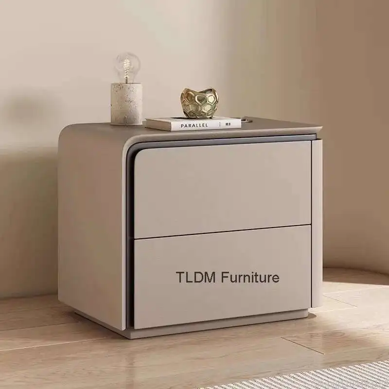 

Modern Simple Light Luxury All Solid Wood Leather Bedside Table Italian Minimalist Advanced New Integrated Storage Cabinet