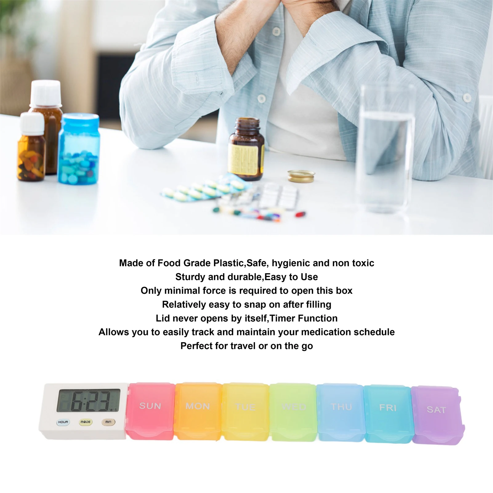 Electronic Medicine Box Clear Marking Washable Portable Tablet Storage Box Detachable Alarm Reminder Safe with Timer for Travel
