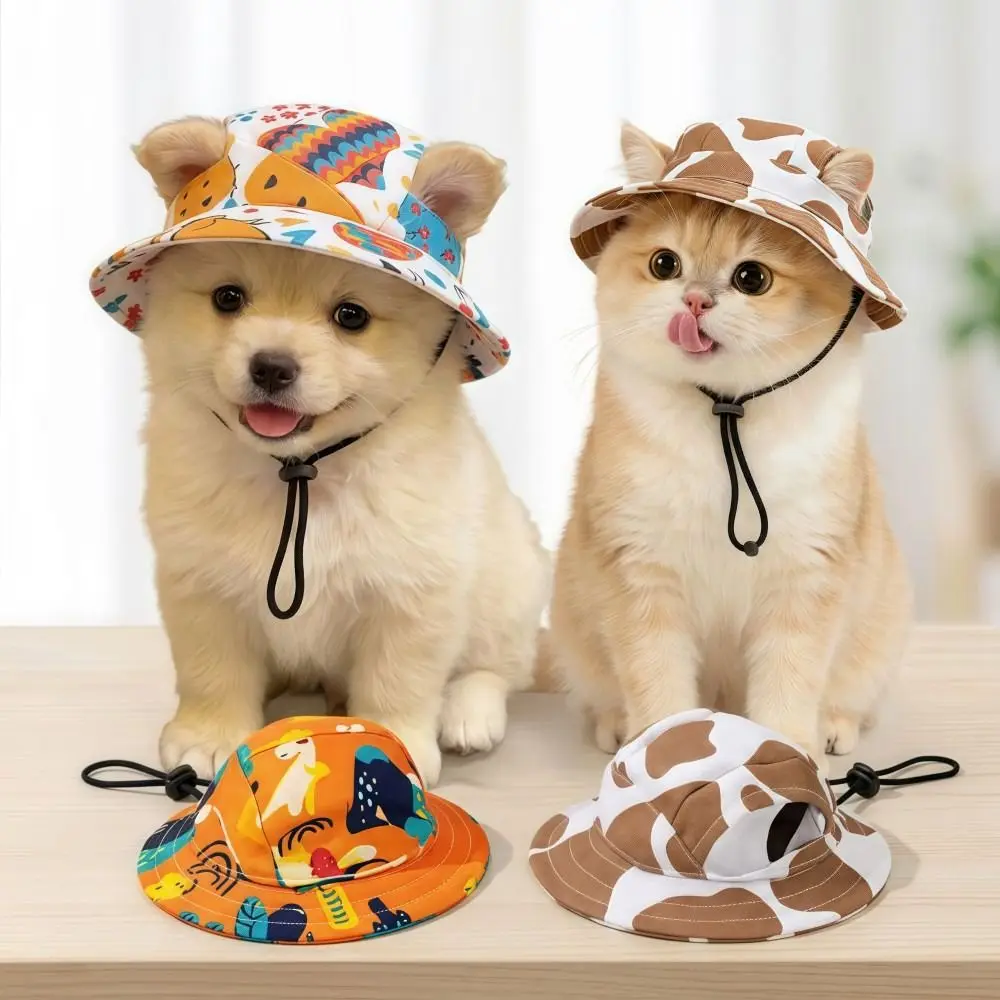 Breathable Cat Dog Sun Hat with Ear Holes Adjustable Drawstring Pet Bucket Hat UV Protection Lightweight Pet Cowboy Hat