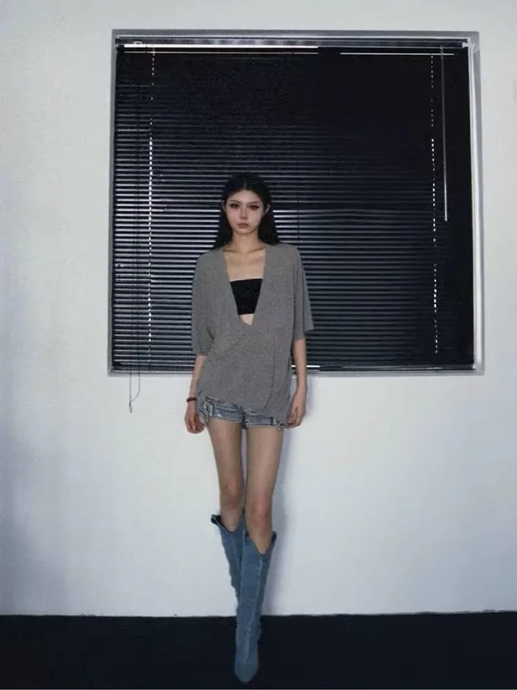 

Футболка с ковриком для глаз Deep V-Ne ort Sve, женская свободная утягивающая универсальная многослойная футболка в корейском стиле, прямой крой