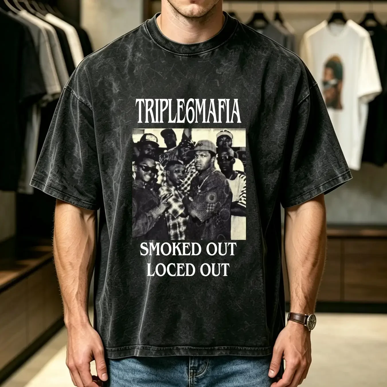 washed T Shirt Tripple Six Mafia Smooked Out Locked Three 6 Holiday  vintage Washed Breathable Casual Slightly Comfortable