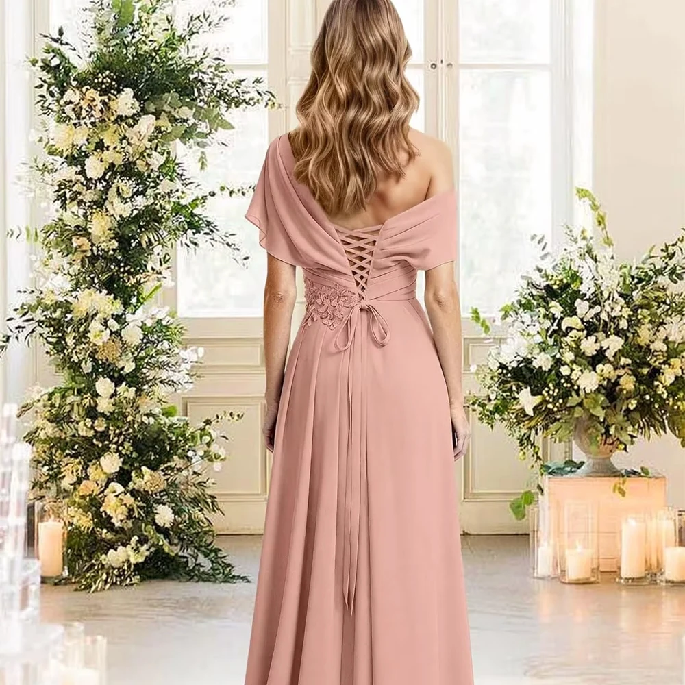 Vestidos de baile femininos personalizados, ombro de fora, vestido de dama de honra para convidados de casamento, chiffon, renda, apliques, vestidos longos de festa de casamento