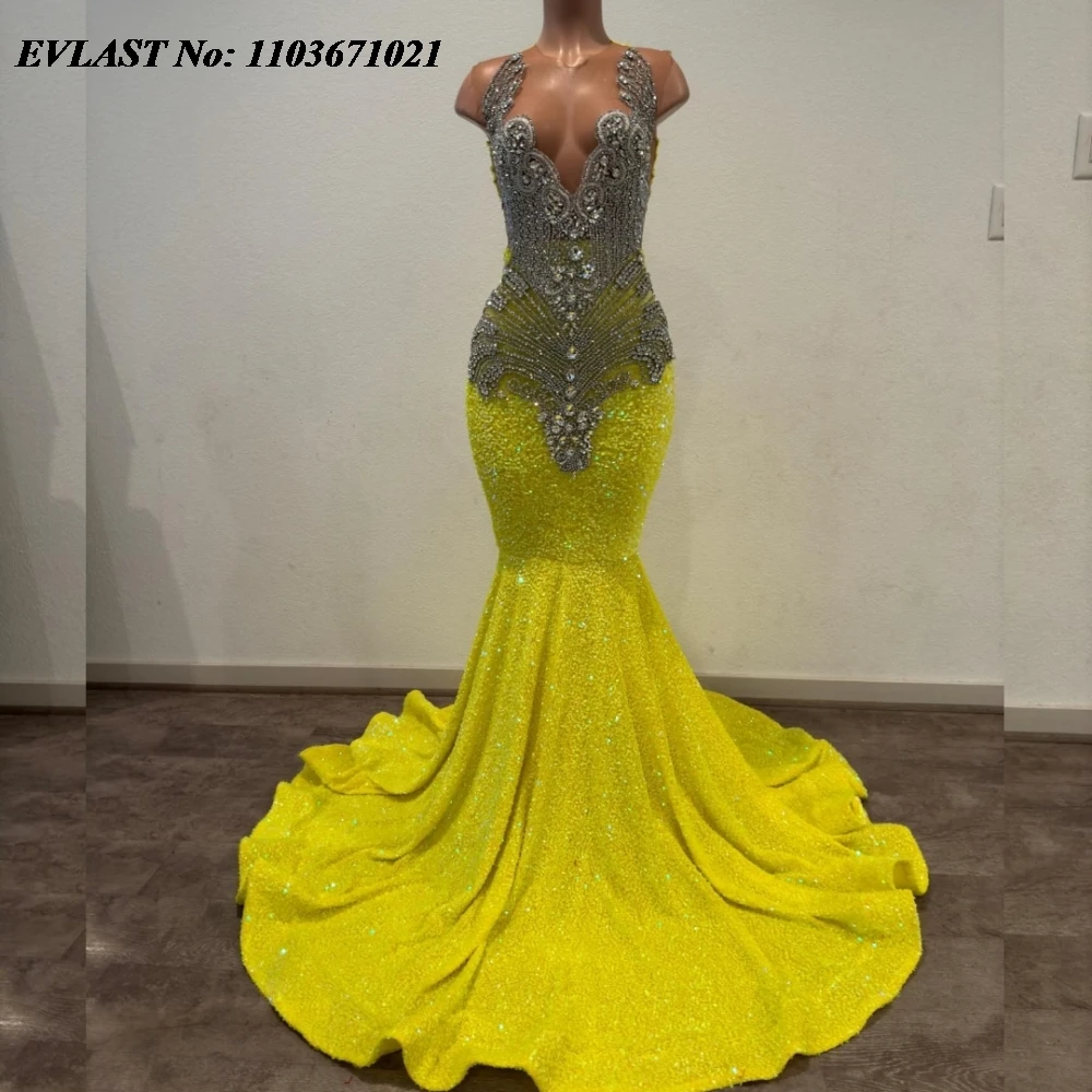 

EVLAST Customized Yellow Sequins Long Prom Dress Black Girls Silver Crystal Beaded African Party Gala Gown Robes De Soirée P115