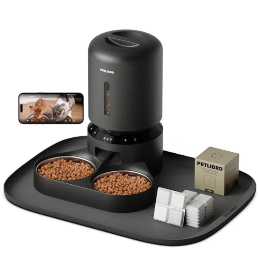 Automatic cat feeder with camera for 2 cats dual tray black includes 6 pet food desiccant bags and silicone food mat
