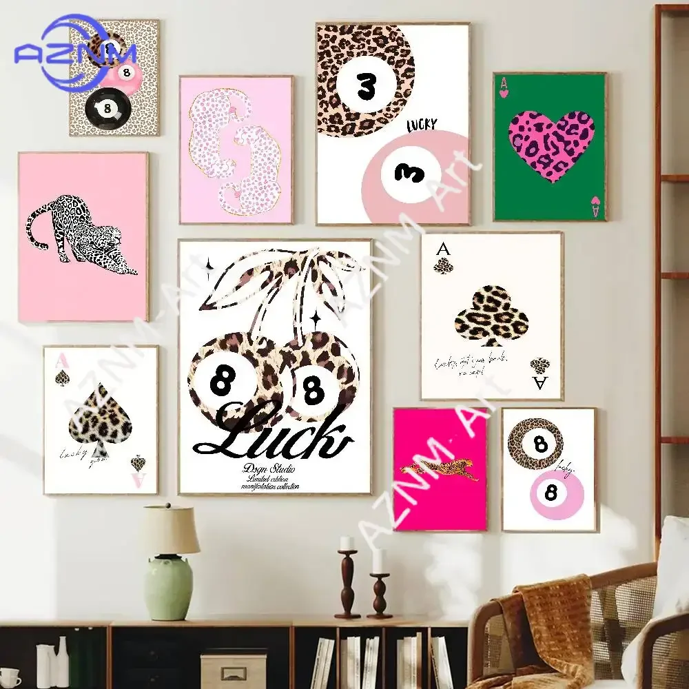 1 Stück Rosa Leopard Gepard Tier Glückszahl 8 Gepard Poster Selbstklebende Kunst Wasserfeste Papieraufkleber für Kaffeehaus Zimmer Wand