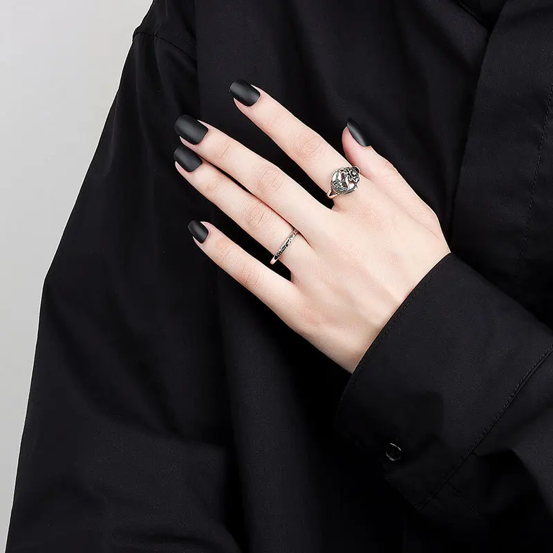 QMCOCO Lotus Fish Ring Female INS Style Vintage Open Adjustable Carp Ring Made Old Geometry Silver Color  Jewelry Gift