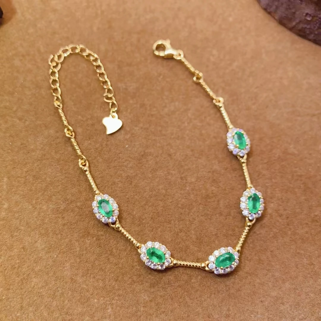 

Pure 925 Silver Emerald Bracelet for Young Girl 5 Pieces 3mm*5mm Natural Emerald Bracelet with 3 Layers 18K Gold Plating
