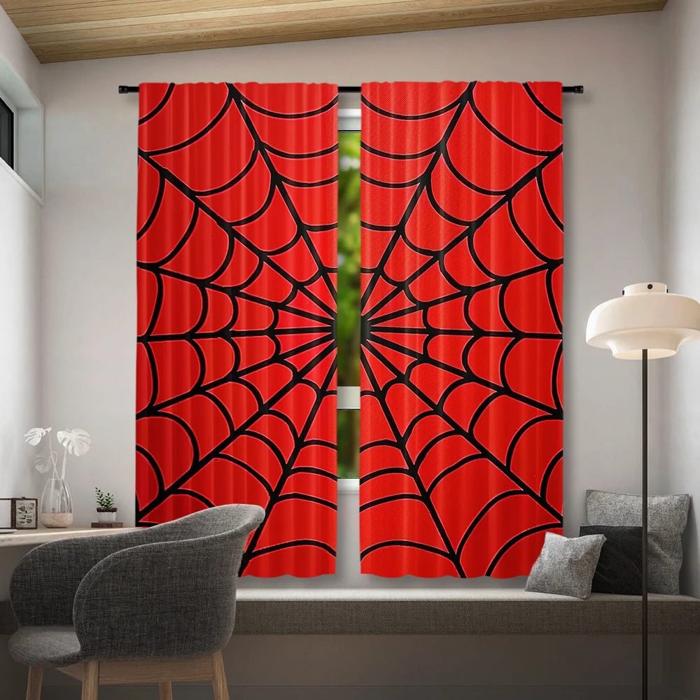 ستائر حمراء على شكل شبكة عنكبوت سوداء مكونة من قطعتين، ستائر نافذة جيب قضيب لغرفة النوم وغرفة المعيشة وديكور المنزل، طراز الهالوين القوطي #2