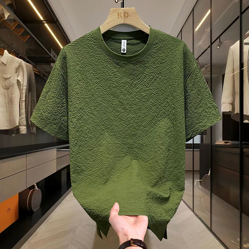 Summer Textured Seersucker Tee For Men Slim Fit Round Neck Short Sleeve Shirt Lightweight Breathable Top Mens Summer T Shirt